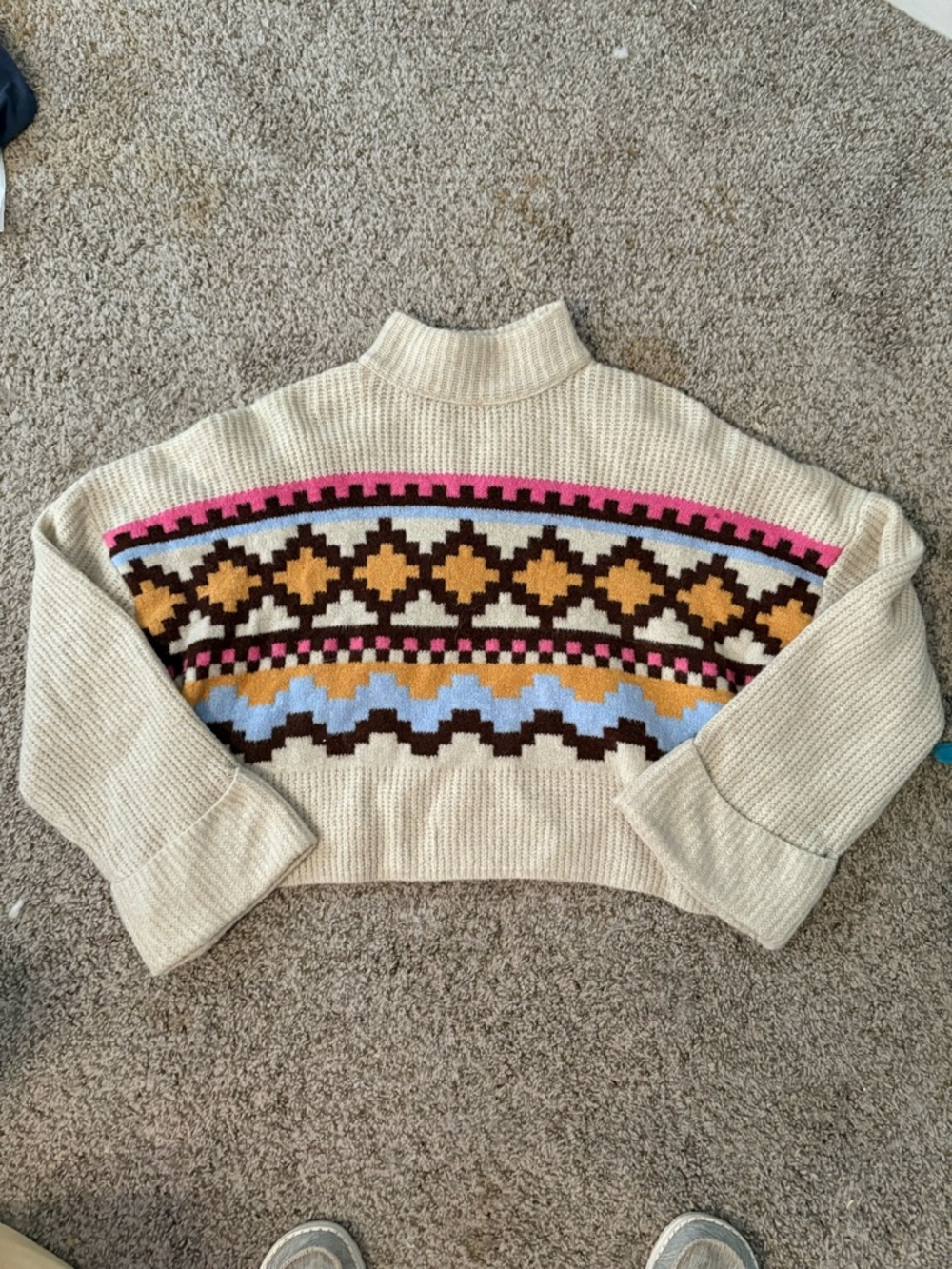 Cream Patterned Mock Neck Women's Sweater